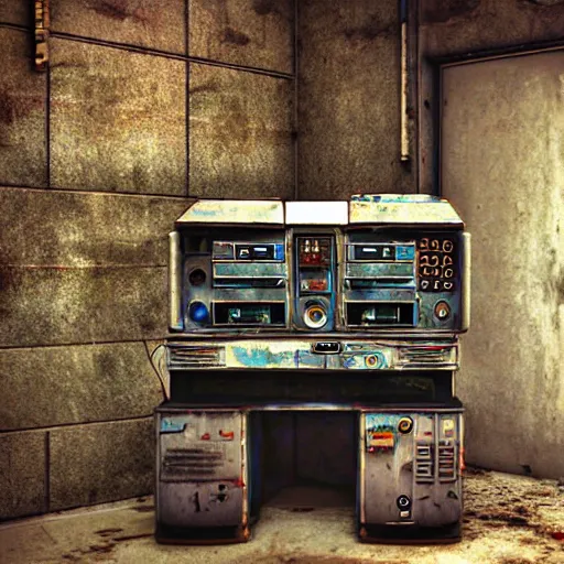 Prompt: old rusty sci - fi computer lab abandonned - vintage colors