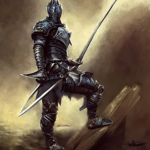 Prompt: messi as a knight crouching down holding a sword over his head by daniel gerhartz, artorias, abysswalker, dark souls, featured on deviantart, fantasy art, concept art, 2 d game art, official art