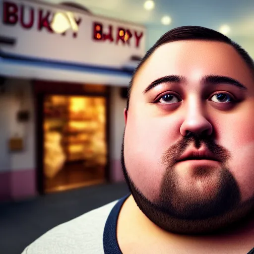 Image similar to Close up portrait of a chubby man with a bakery the background. Photorealistic. Award winning. Dramatic lighting. Intricate details. UHD 8K. He looks guilty.