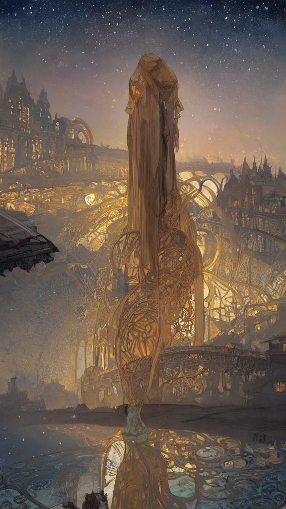 Image similar to a beautiful painting of the view from the river of an ancient many stories tall, narrow round cylindrical tower, with art nouveau architecture, at night with a sky full of stars, intricate, elegant, highly detailed, digital painting, artstation, concept art, by krenz cushart and artem demura and alphonse mucha