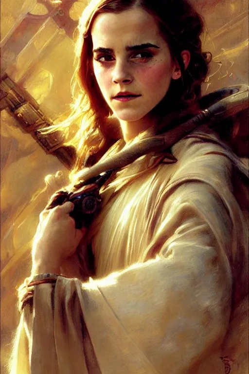 Image similar to detailed portrait of a beautiful emma watson dressed as jedi, painting by gaston bussiere, craig mullins, j. c. leyendecker