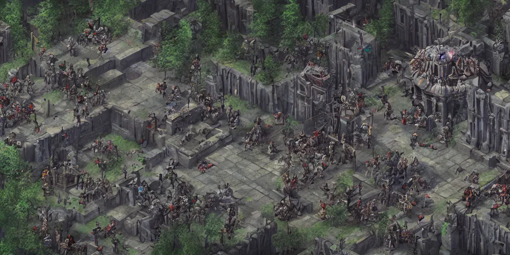 Image similar to Evil mage is standing on top of his tower, raising hands up high and leading his horde of zombies to outer lands. Isometric, high angle, big scale battle map. Highly detailed digital art, unreal engine.