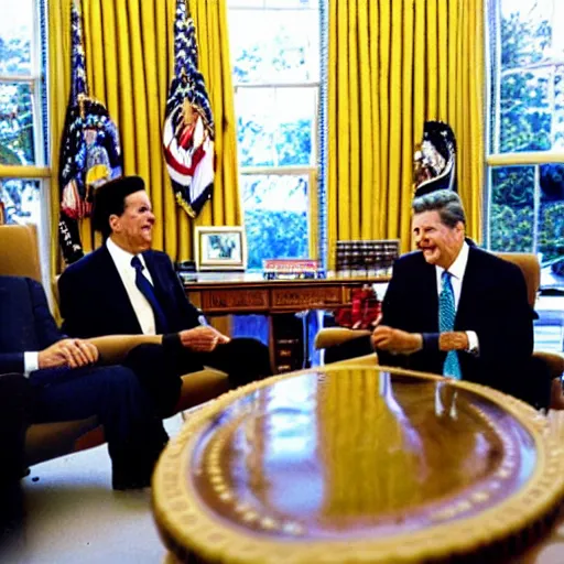 Prompt: a minion meeting president ronald reagan, zoom photograph, oval office,