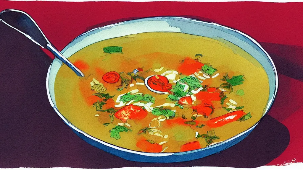 Prompt: bowl of soup, kseniia yeromenko, rob duenas, watercolor, illustration, red background, highly detailed