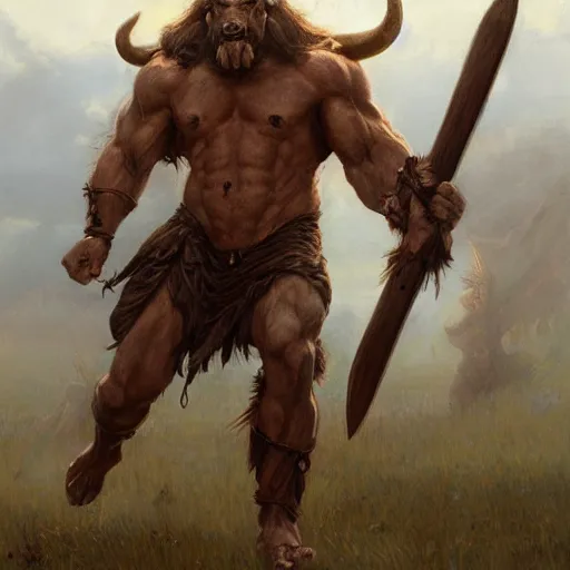 Image similar to huge smug minotaur wielding a greataxe, realistic portrait art by donato giancola and greg rutkowski, digital art, trending on artstation, symmetry!!