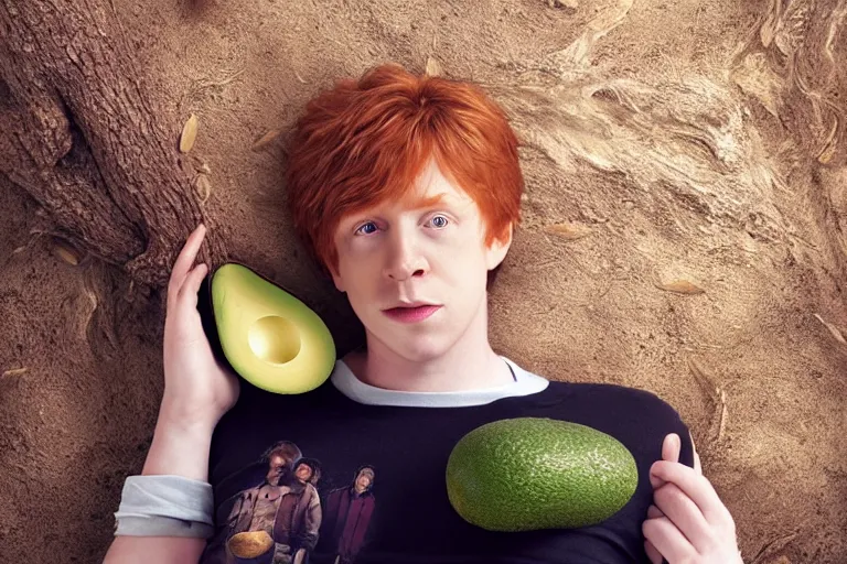 Prompt: an ultra realistic, cinematic, headshot portrait, of ron weasley lying down with an avocado, fantasy, avocado, facial features, background of hogwarts, with trees and rivers, detailed, deep focus, movie still, dramatic lighting, ray tracing, by michal karcz and yoshitaka amano