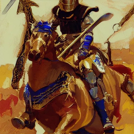 Image similar to mel gibson as rider with couched jousting lance, medieval helmet, colorful caparisons, chainmail, detailed by greg manchess, craig mullins, bernie fuchs, walter everett, low angle