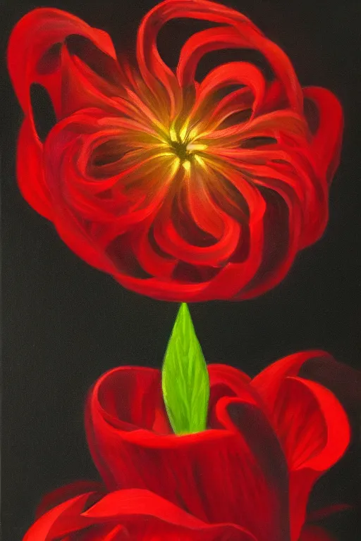 Prompt: a chiaroscuro oil painting of a infinity recursive red flower