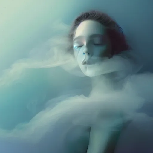 Prompt: A beautiful form made of pale blue smoke in the style of Aldo Katayanagi + Thick Milky Smoke + Mother Of Pearl + Iridescent smoky Elements + Moody Cinematic Lighting + Deep Shadows + Hyper Realistic + Maximalist Composition + Intricate tendrils + Trending on Artstation + Hall of Fame on Cgsociety + 8K portrait + fluid dynamics