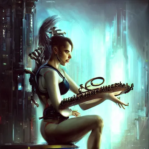 Image similar to stunning portrait of 32 weeks unborn baby argonaut Orpheus playing a lyre, painting by Raymond Swanland, cyberpunk, sci-fi cybernetic implants hq