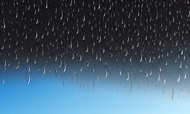 Image similar to panorama of big raindrops flying upwards into the perfect cloudless blue sky from a dried up river in a desolate land, dead trees, blue sky, hot and sunny highly-detailed, elegant, dramatic lighting, artstation, 4k, cinematic landscape, photograph by National Geographic