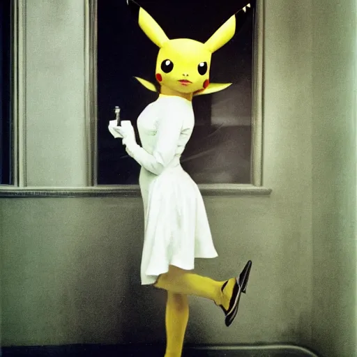 Image similar to elegant woman in a cosplay costume of pikachu, art photo by Annie Liebovitz and David Hamilton and Alphonse Mucha