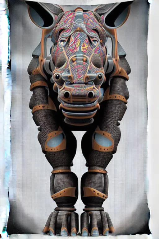 Image similar to a centered uncut fullbody frontview portrait of a robotic rhino headed biomechanical creature by clogtwo and subjekt zero. intricate detailed sharp clean textured very ornated. indian tapestry style design. lowbrow color palette