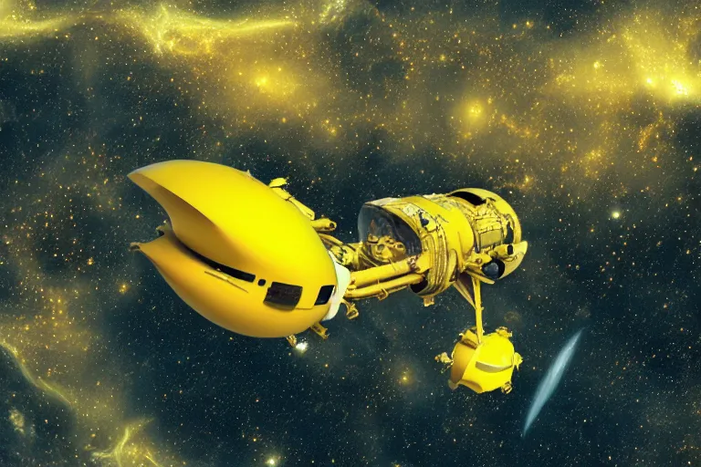 Image similar to A yellow space taxi with nuclear boosters traveling to a nebula, sci-fi art