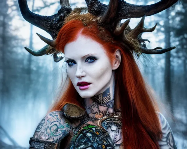 Image similar to 5 5 mm portrait photo of an armored gorgeous anesthetic redhead woman warrior with a face tattoo and antlers growing from her head, in a magical forest in the style of stefan kostic, art by luis royo. highly detailed 8 k. intricate. lifelike. soft light. nikon d 8 5 0. cinematic post - processing