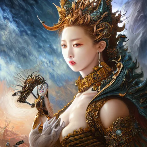 Image similar to k - pop girl warhammer by michael cheval, peter mohrbacher, boris vallejo, jessica rossier, insane details, intricate, elite, ornate, elegant trend, highly detailed and intricate, sharp focus, photography, unreal engine, trending on artstation, photorealistic, octane, hyper detailed, trending on deviantart,