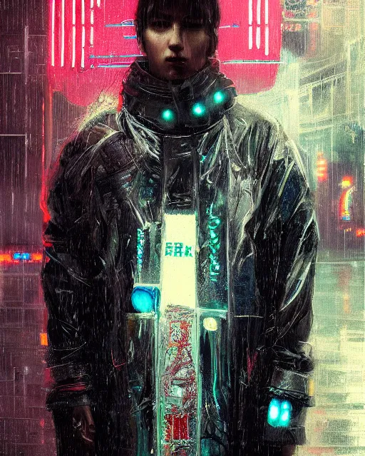 Image similar to detailed portrait, rain, cyberpunk futuristic neon, reflective puffy coat, decorated with traditional japanese ornaments by ismail inceoglu dragan bibin hans thoma greg rutkowski alexandros pyromallis nekro rene maritte illustrated, perfect face, fine details, realistic shaded, fine - face, pretty face