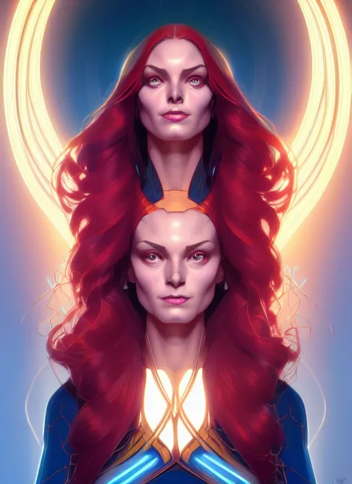 Prompt: symmetry portrait of jean grey from 9 0 s x - men, glowing lights, intricate, elegant, highly detailed, digital painting, artstation, concept art, smooth, sharp focus, illustration, art by artgerm and greg rutkowski and alphonse mucha