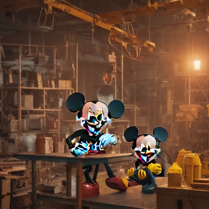 Image similar to crew of workers building giant mickey mouse - prop - head in quaint workshop, octane render, 4 k ultra hd, hyper - detailed, realistic, seedy lighting, sharp focus, in style of beeple