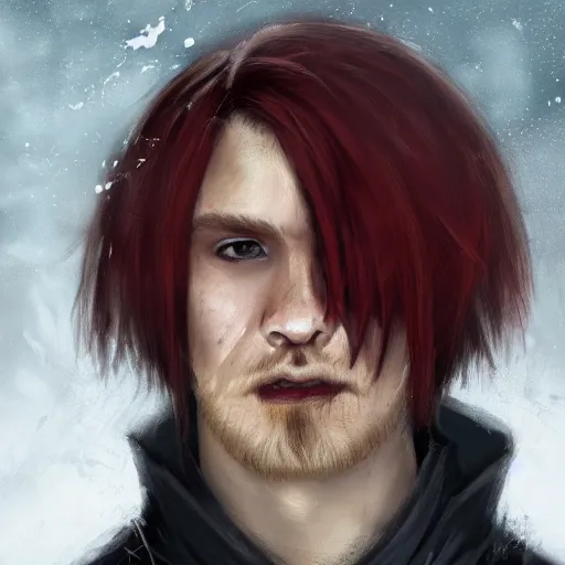 Image similar to A man with red hair parted in the middle in a surfer's cut, straight hair down to the ear. His left eye has three diagonal wounds, but the eye is open. He wears a black cloak with a collar. painted fantasy character portrait, head shot, concept art, sharp focus, highly detailed, illustration, trending on artstation, art by greg rutkowski