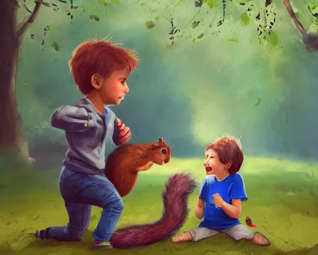 Prompt: a little boy play with a squirrel by samuel smith trending on artstation