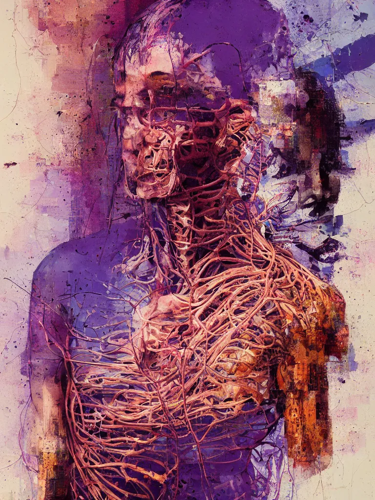 Image similar to a beautiful glitched painting by robert proch of a human anatomy study of the human nervous system, color bleeding, pixel sorting, copper oxide and rust materials, brushstrokes by jeremy mann, cold top lighting, pastel purple greeble background by atelier olschinsky