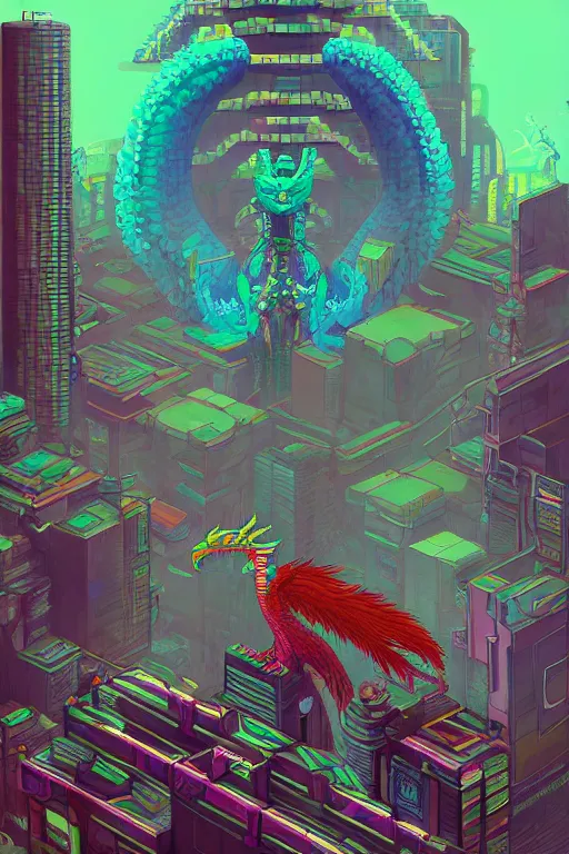 Image similar to A beautiful painting of quetzalcoatl in cyberpunk gotic style, pixelart by Studio Ghibli and Moebius, octane render, zbrush, extremely detailed, pastel colors, trending on artstation