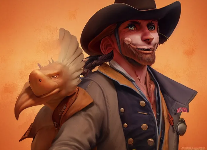 Image similar to character portrait feature of the anthro male anthropomorphic flounder fursona wearing cowboy outfit wild west desperado character design stylized by charlie bowater, ross tran, artgerm, and makoto shinkai, detailed, soft lighting, rendered in octane