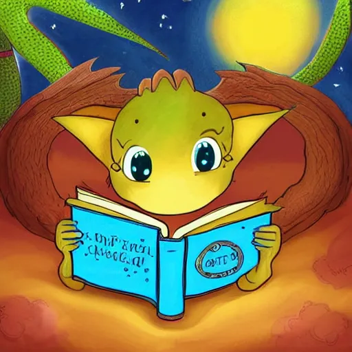 Image similar to cute dragon reading book under the stars, digital art