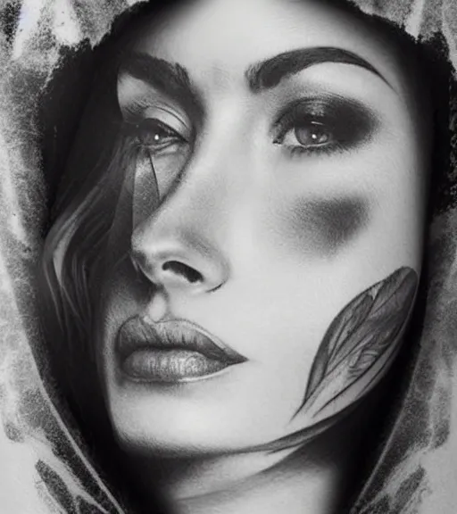 Prompt: tattoo design sketch of a beautiful woman face against a faded background of beautiful mountains on her side, hyper - realistic, double exposure effect, in the style of den yakovlev, amazing detail, black and white, faded