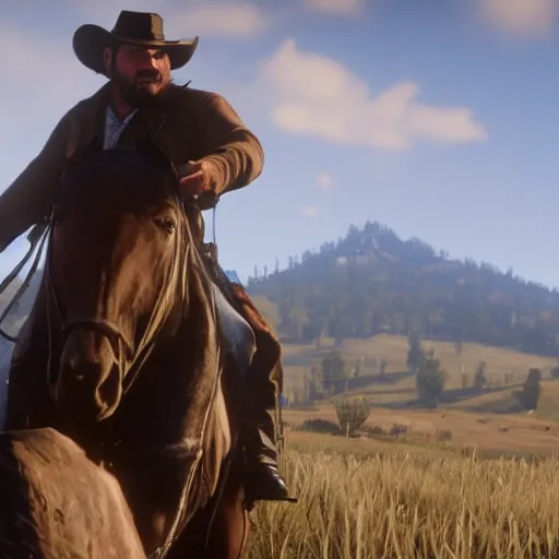 zesty-seal663: Arthur Morgan from Red Dead Redemption 2 riding his horse  across the country