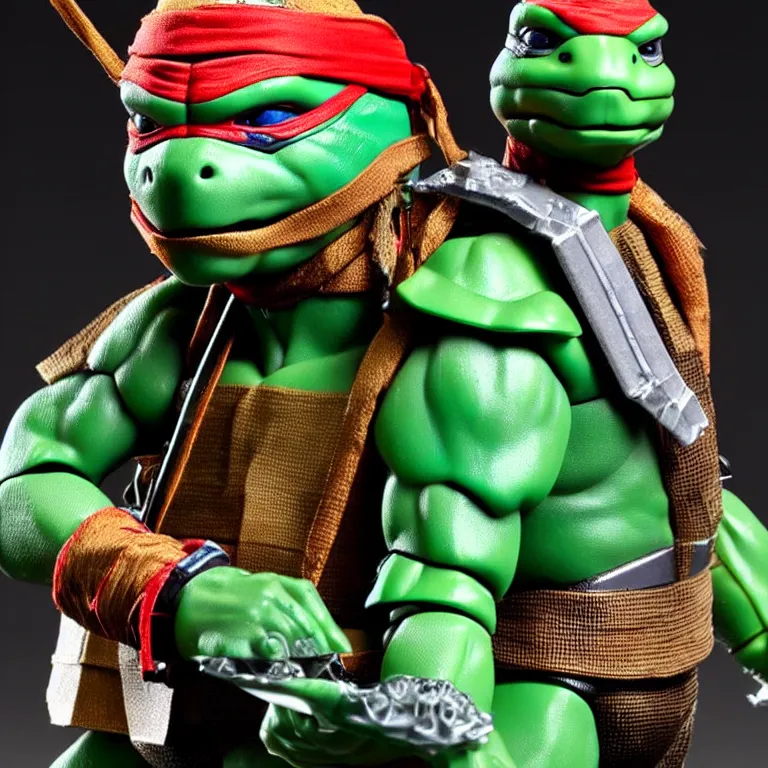 Image similar to leonardo tmnt action figure, 1 9 8 0 s, product shot, plastic toy, shiny, reflective, realistic, new in the package, unopened, mint codition