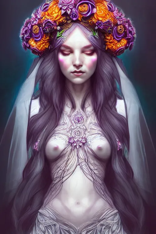 Image similar to digital art, centered full body elven bride, vivid flower crown ,intricate, veins, by James Jean and by artgerm , ultradetailed, charachter design, concept art, trending on artstation,