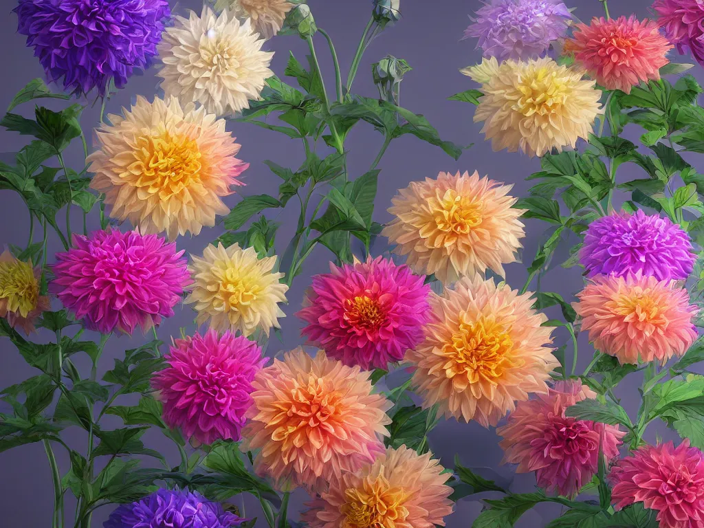 Prompt: 3d render of an opalescent dahlia, Sunlight Study, by Jan Davidsz de Heem and (((((Lisa Frank))))), Art Nouveau, 8k, extreme detail, sharp focus, octane render