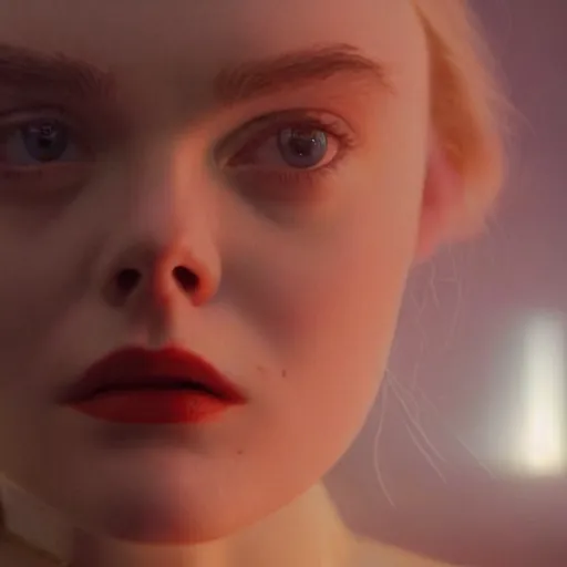 Prompt: Elle Fanning as an android in the world of Edward Hopper, stormy weather, extremely detailed masterpiece, oil on canvas, low-key neon lighting, artstation, Blade Runner 2049, Roger Deakin’s cinematography, by J. C. Leyendecker and Peter Paul Rubens,