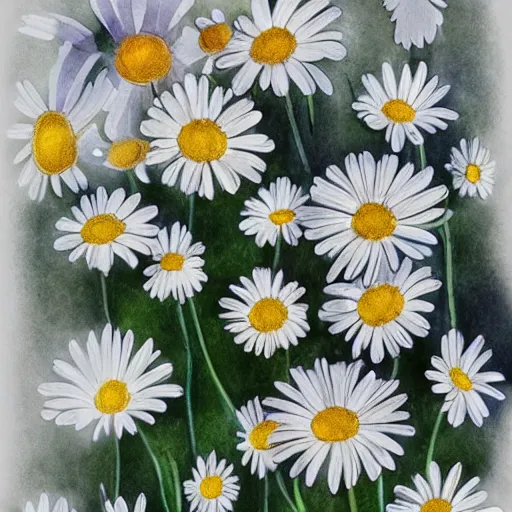 Image similar to a perfect, realistic professional digital sketch of daisies, by pen and watercolor, by a professional Chinese Korean artist on ArtStation, on high-quality paper