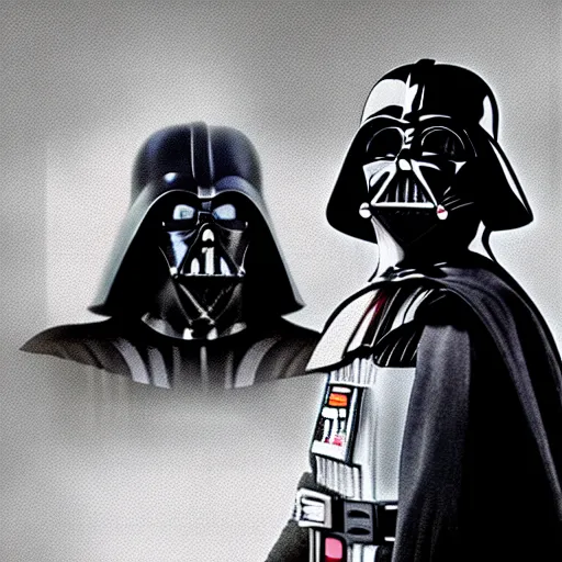 Prompt: an over the shoulder point of view of Darth Vader looking at the space,