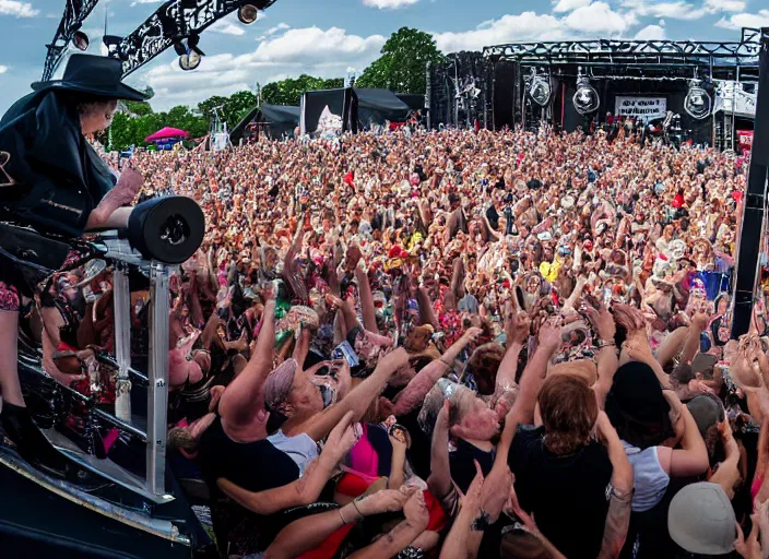 Image similar to photo still of queen elizabeth on stage at vans warped tour!!!!!!!! at age 7 0 years old 7 0 years of age!!!!!!! stage diving into the crowd, 8 k, 8 5 mm f 1. 8, studio lighting, rim light, right side key light