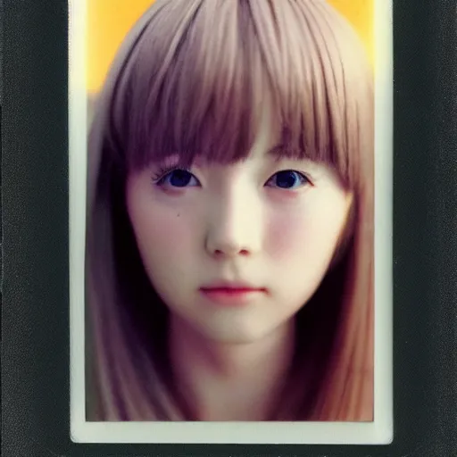 Prompt: polaroid of hyper real anime girl face shot cute by Tarkovsky