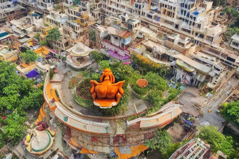 Prompt: beautiful dreamy! biomorphic new delhi, hanuman!! head building, kalighat flowers, octane sharp cinematic, stephen shore & john j. park, soft morning light, wide shot, aerial shot, uhd 8 k, shallow depth of field