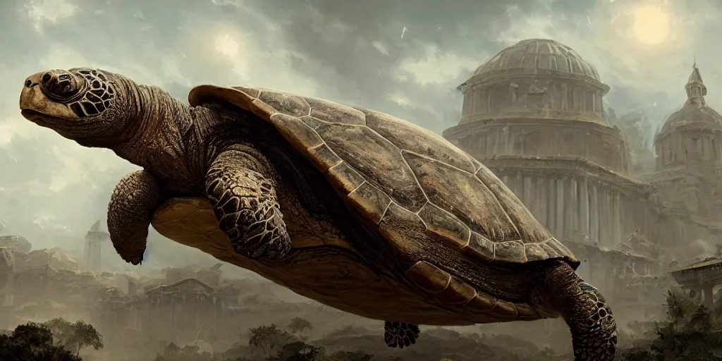 Prompt: huge ancient turtle with an abandoned city on its back, greg rutkowski, 8 k, shallow depth of field, intricate detail, concept art,