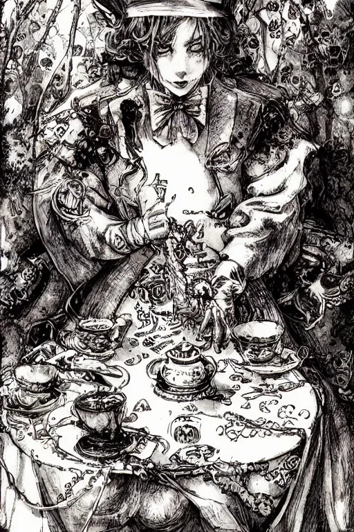 Image similar to happy Alice in wonderland tarot card , pen and ink, intricate line drawings, by Yoshitaka Amano, Ruan Jia, Kentaro Miura, Artgerm, watercolor