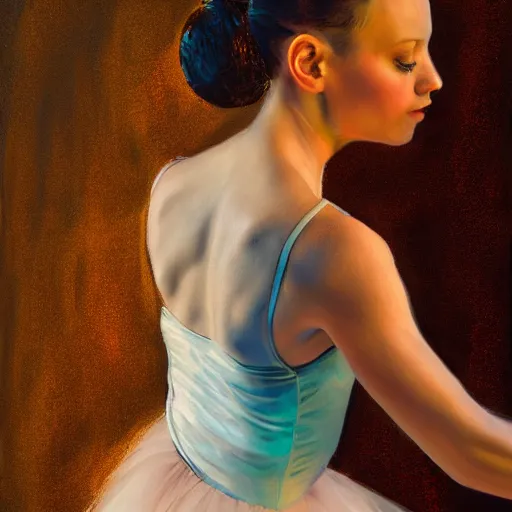 Image similar to portrait of a ballerina, impasto paint, 8 k, cinematic light, shadows, reflection highlights in the paint, in the style of christian beijer,