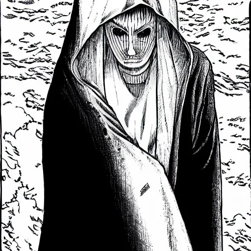 Image similar to hooded man with concealed face, junji ito,