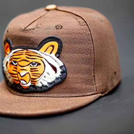 Image similar to leather patch hat tiger detail, realistic