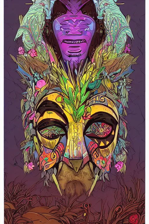 Image similar to animal mask totem roots flower tribal feather gemstone plant wood rock shaman vodoo video game vector cutout illustration vivid multicolor borderlands comics by josan gonzales and dan mumford radiating a glowing aura