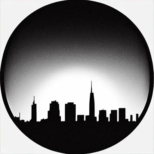 Image similar to a perfect circle where the inside is empty blank space and around the outer edge of the circle is the silhouette of a city skyline, black and white, minimalist, in the style of a charcoal drawing, made by david mellen