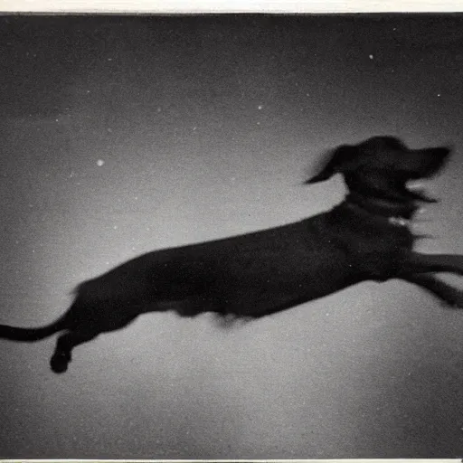 Prompt: a blurry 1 9 0 0 s photograph of a black dog flying in the night sky, moonlight,