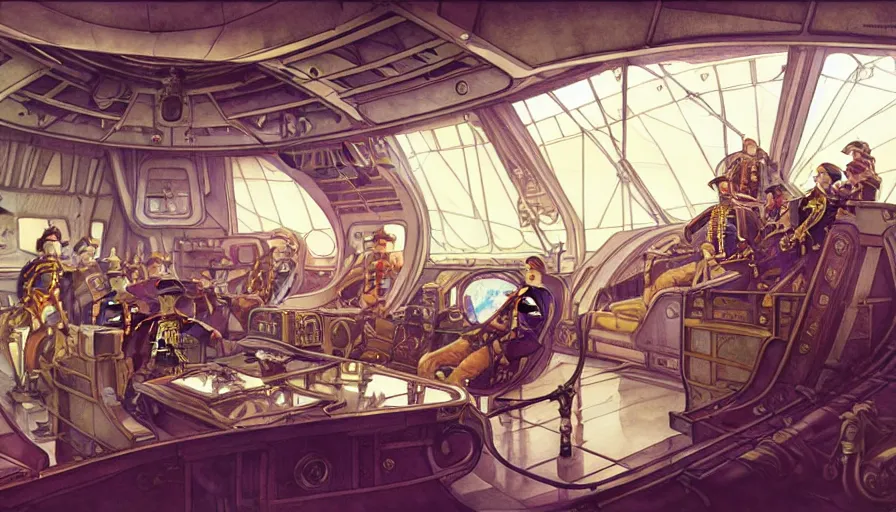 Prompt: airship interior bridge of warship, captain's chair, bridge crew, starship, throne room, french baroque, napoleonic, dieselpunk science fiction, steampunk, command and control center, sharp, concept art watercolor illustration by mandy jurgens and alphonse mucha, dynamic lighting