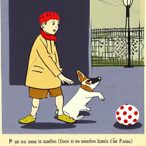 Image similar to book illustration of a french boy on the streets of paris playing football against a corgi, the dog is wearing a polka dot scarf, 1 9 6 6